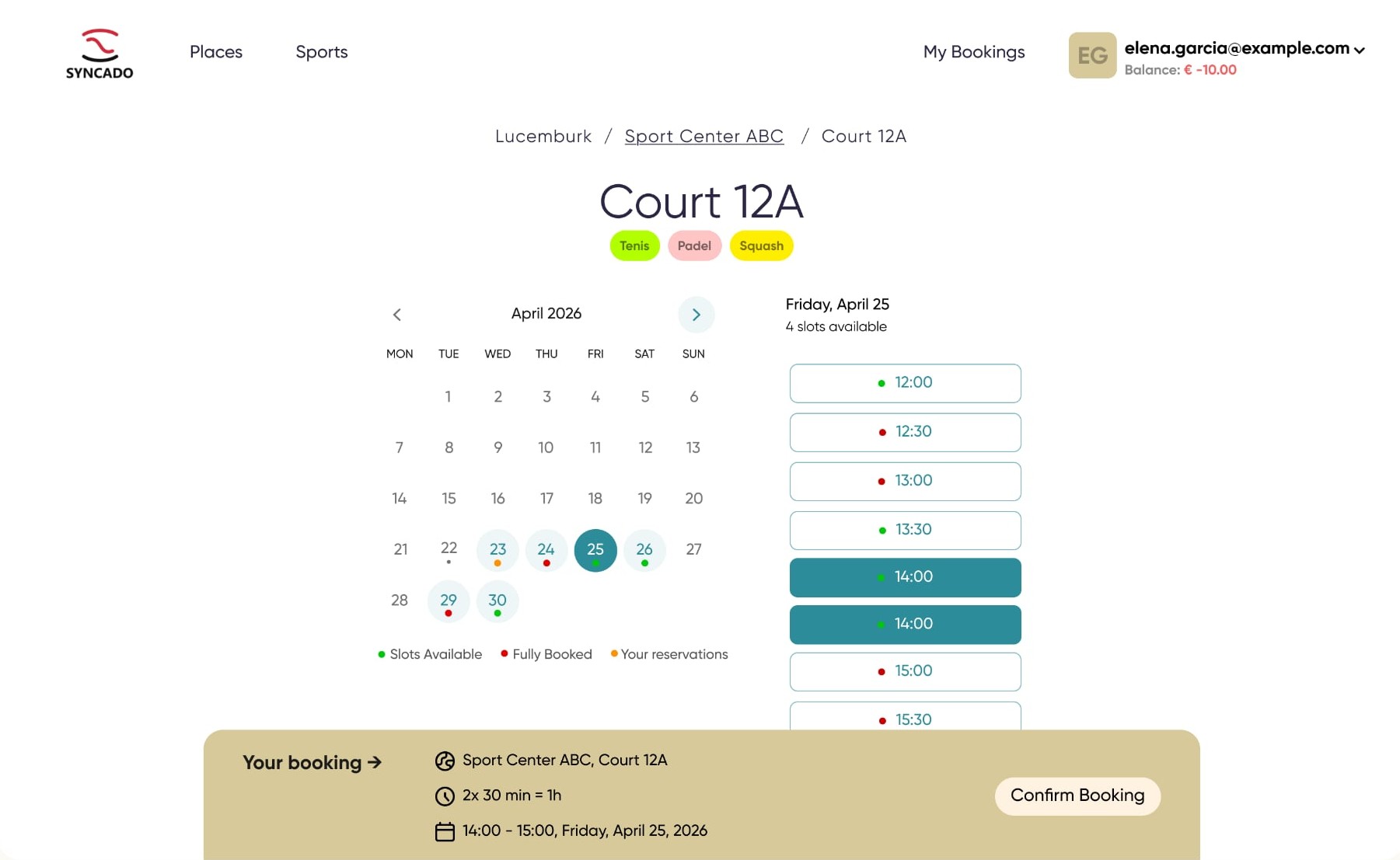 Syncado booking interface showing Court 12A with calendar and time slot selection